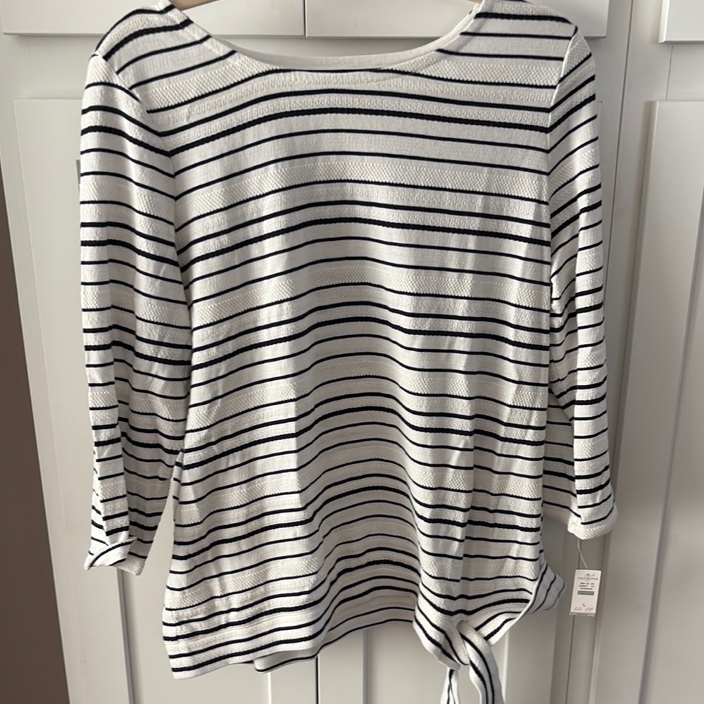 Talbots White/Black stripe, faux Tie Front 3/4  Sleeve Top, NWT, large